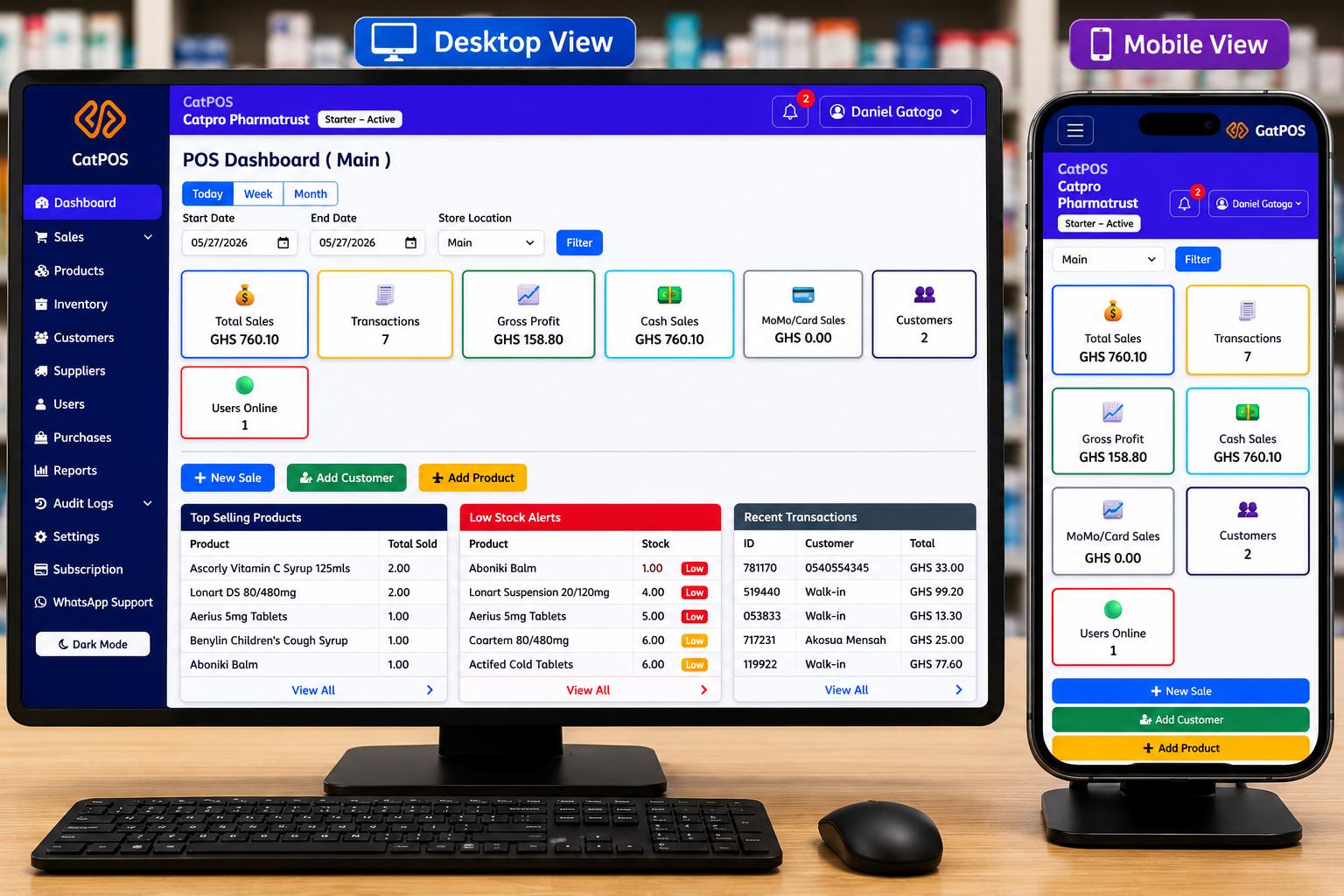 GatPOS pharmacy POS dashboard displayed on desktop and mobile devices