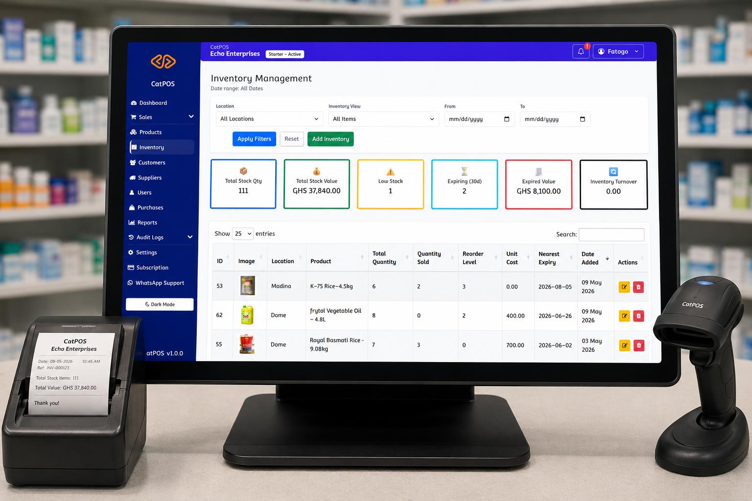 GatPOS pharmacy inventory screen for medicine stock and expiry management