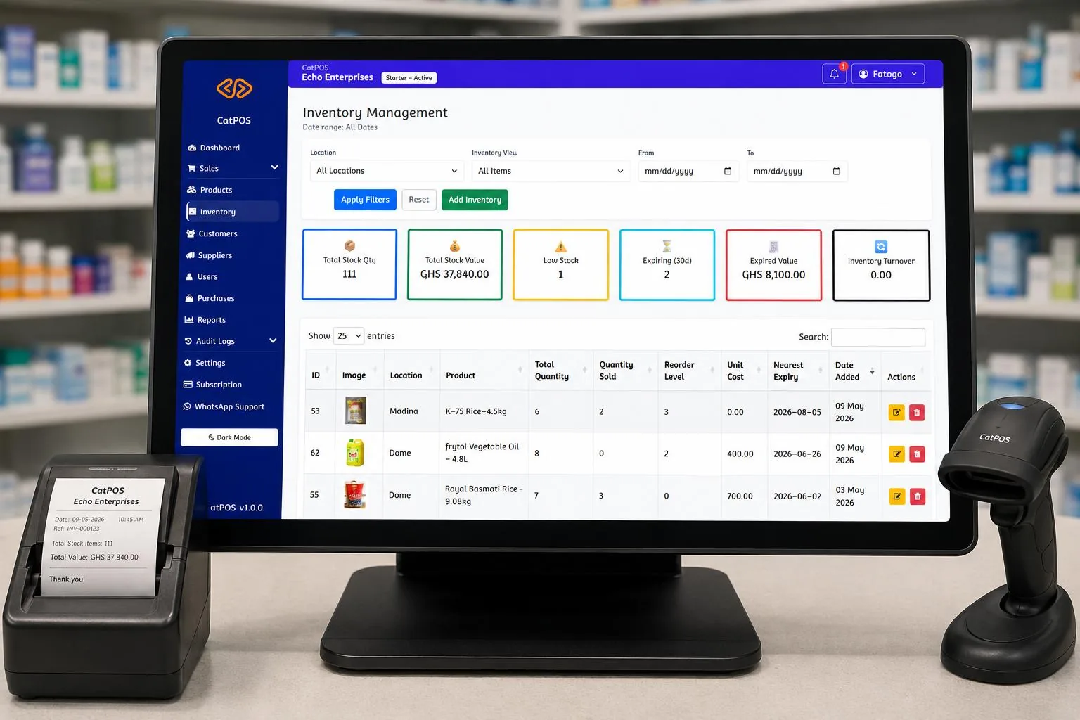 GatPOS pharmacy inventory screen for medicine stock and expiry management