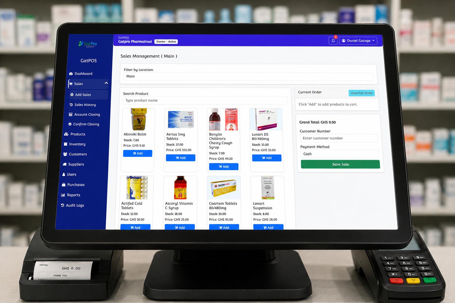 GatPOS pharmacy sales page for medicine checkout and receipt processing
